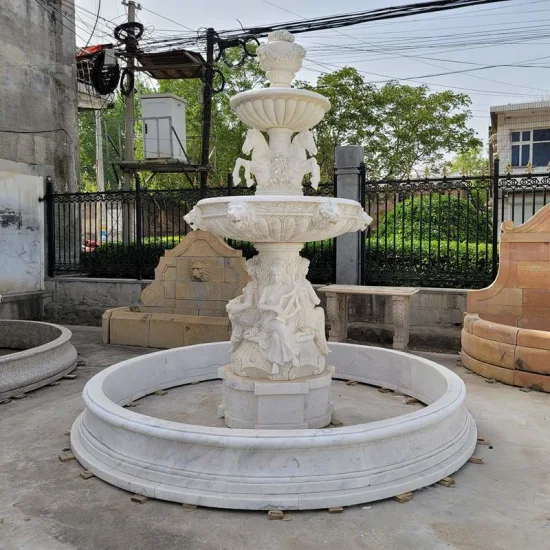 Fuente de agua de 3 niveles de mármol de piedra blanca tallada a mano para jardín al aire libre de tamaño personalizado a la venta